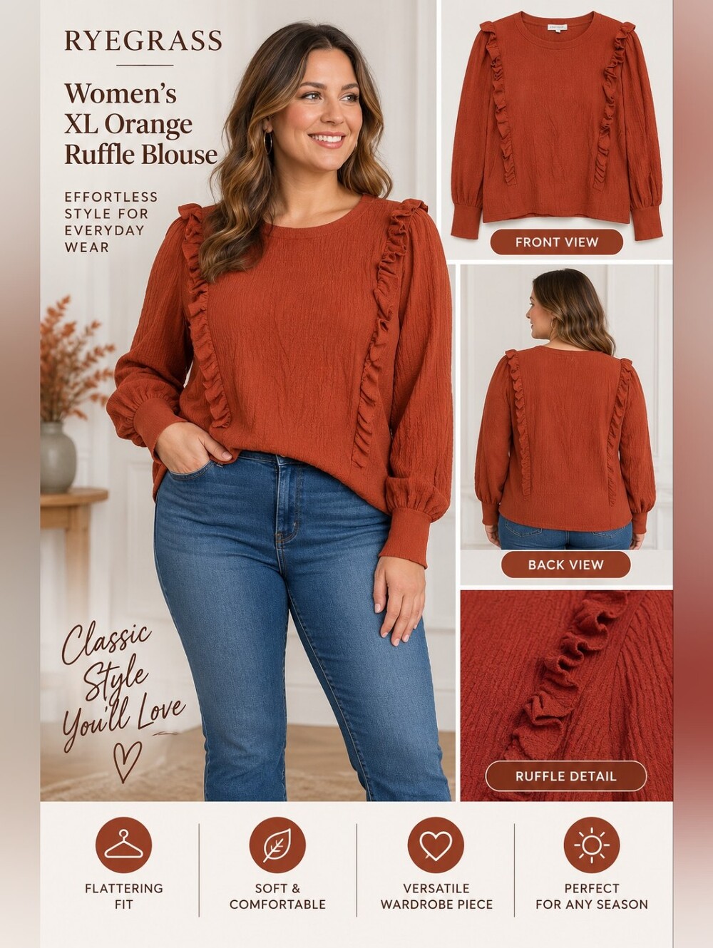 Ryegrass women's XL orange ruffle blouse #07